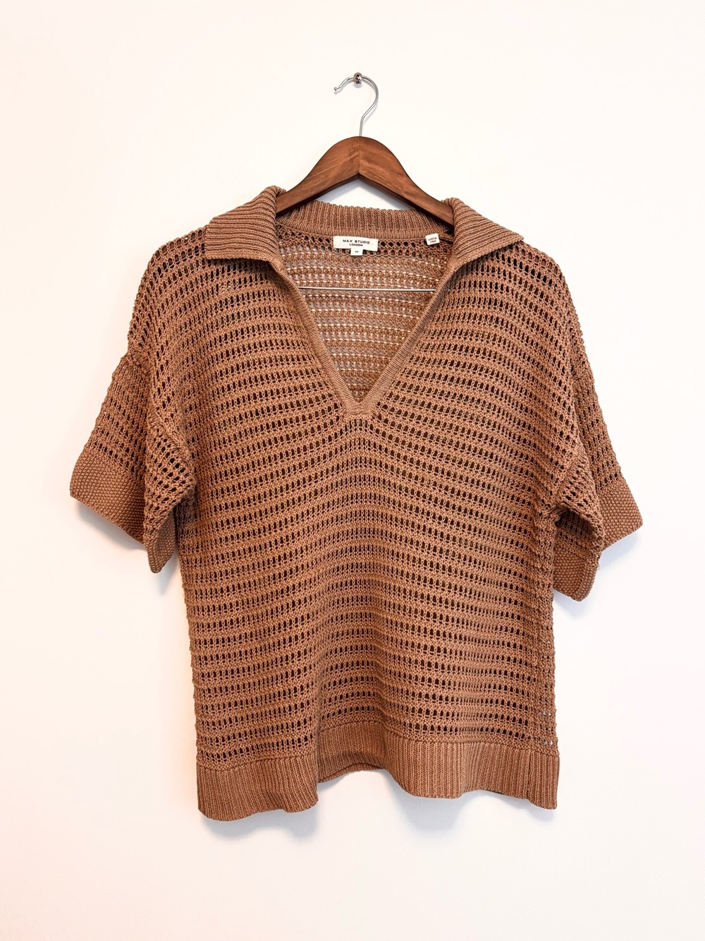 Max Studio Open Knit Sweater Top in Camel Brown